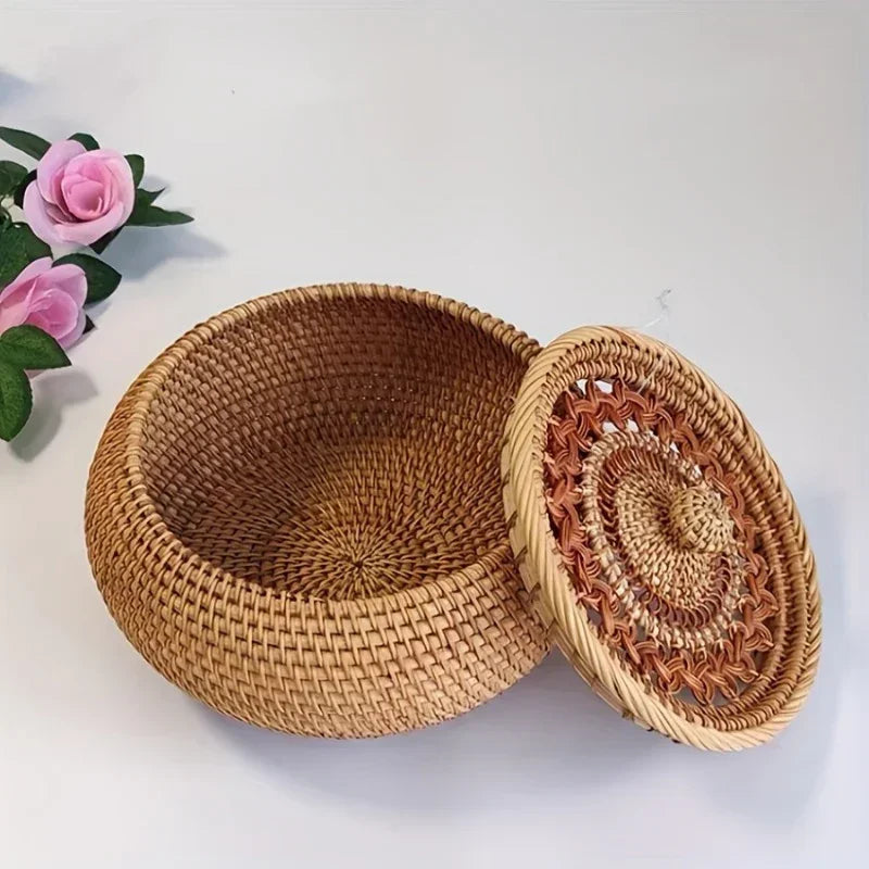 Handcrafted Rattan Storage Basket with Lid - Versatile Container for Tea, Snacks, Dried Fruits, Sweets, And Dim Sum - Natural Decorative Organizer for Coffee Table, Shelf Baskets