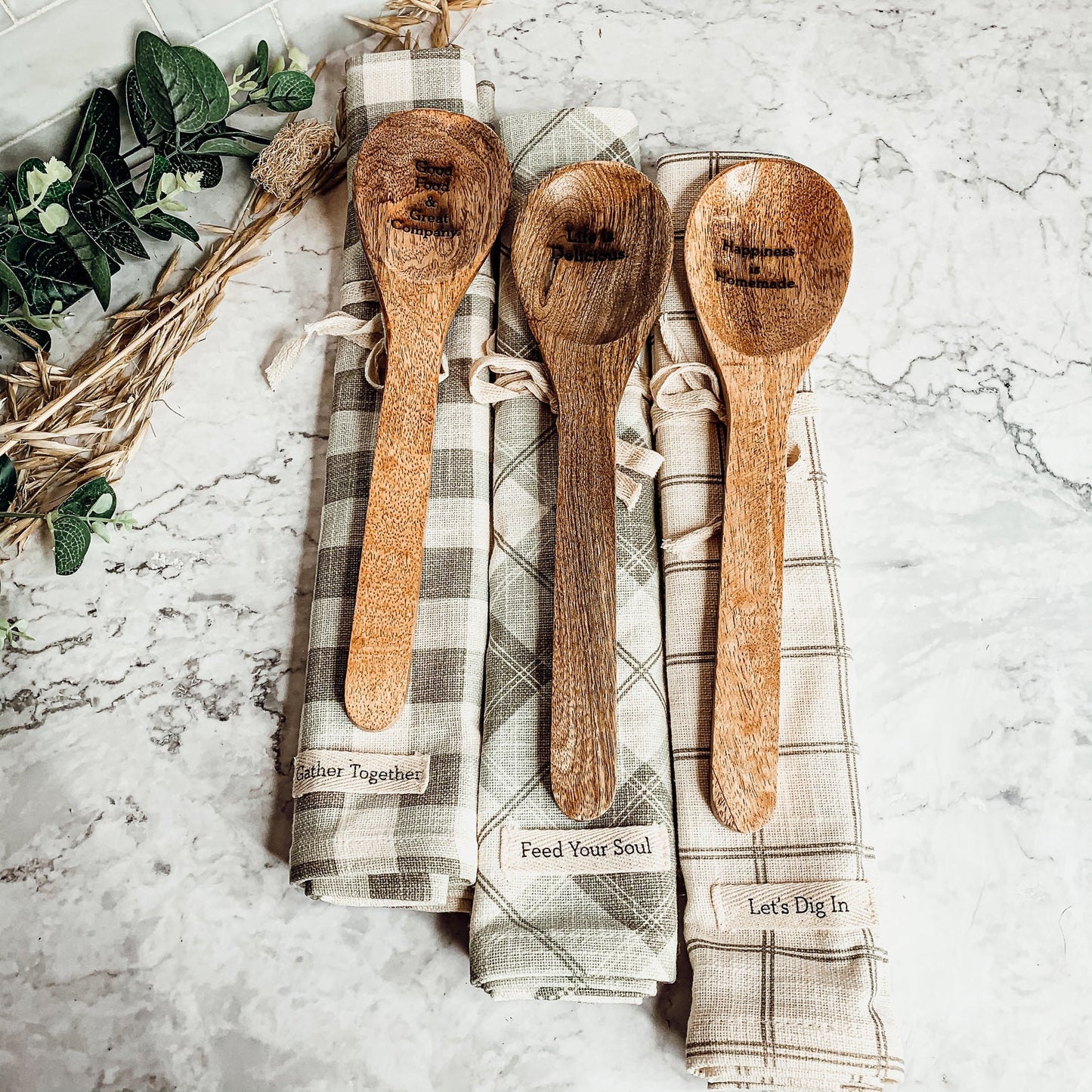 Happiness Is Homemade Wooden Spoon And Checkered Dish Towel Gift Set