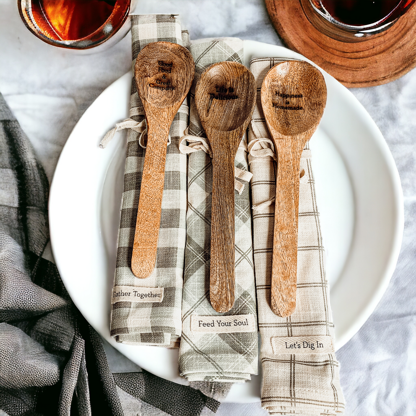 Happiness Is Homemade Wooden Spoon And Checkered Dish Towel Gift Set