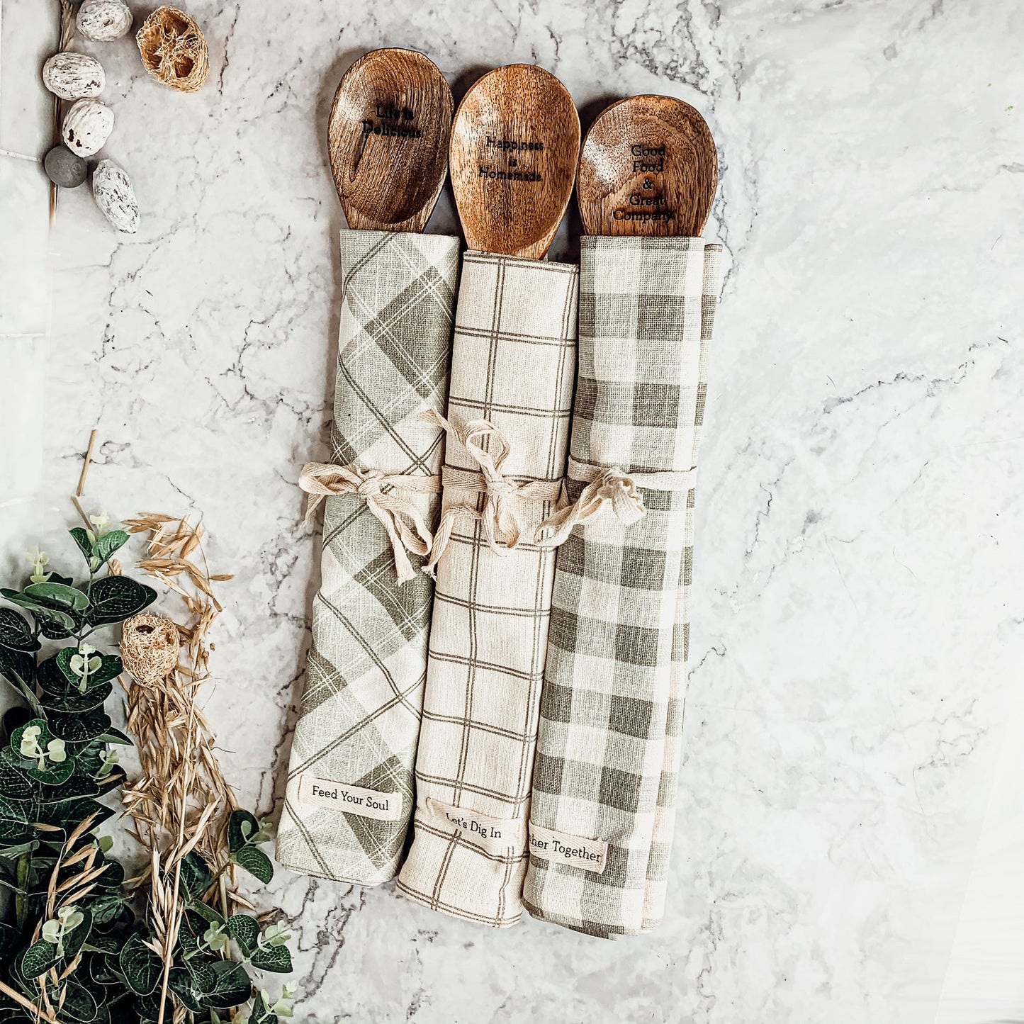 Happiness Is Homemade Wooden Spoon And Checkered Dish Towel Gift Set