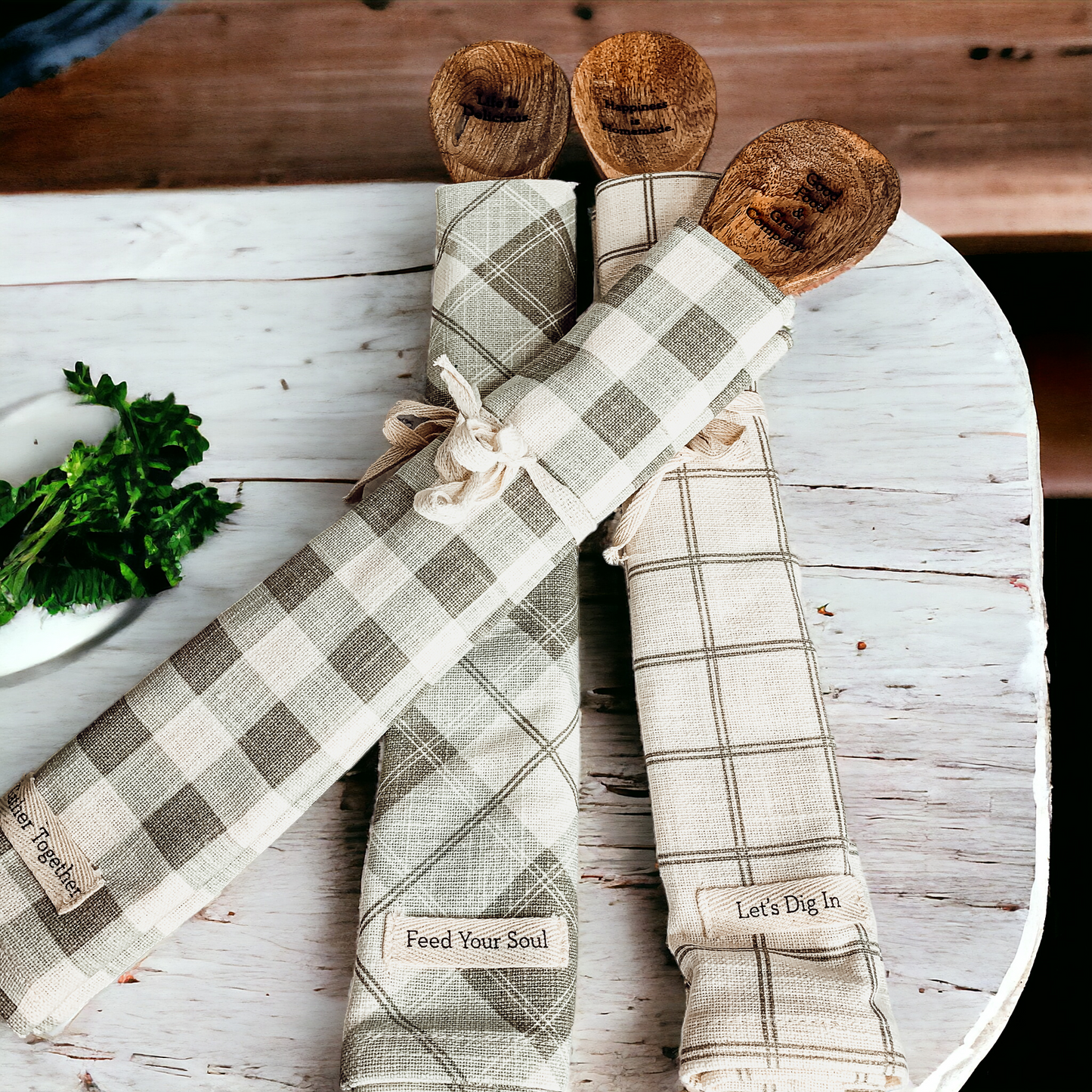 Happiness Is Homemade Wooden Spoon And Checkered Dish Towel Gift Set