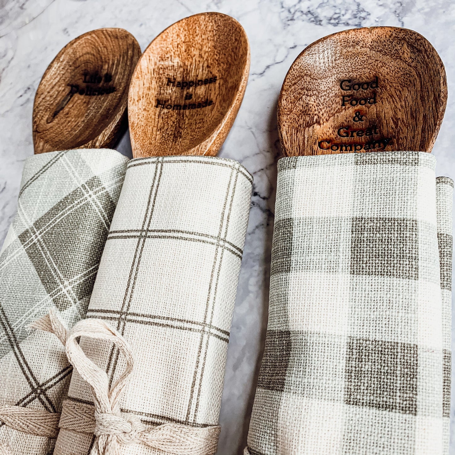Happiness Is Homemade Wooden Spoon And Checkered Dish Towel Gift Set
