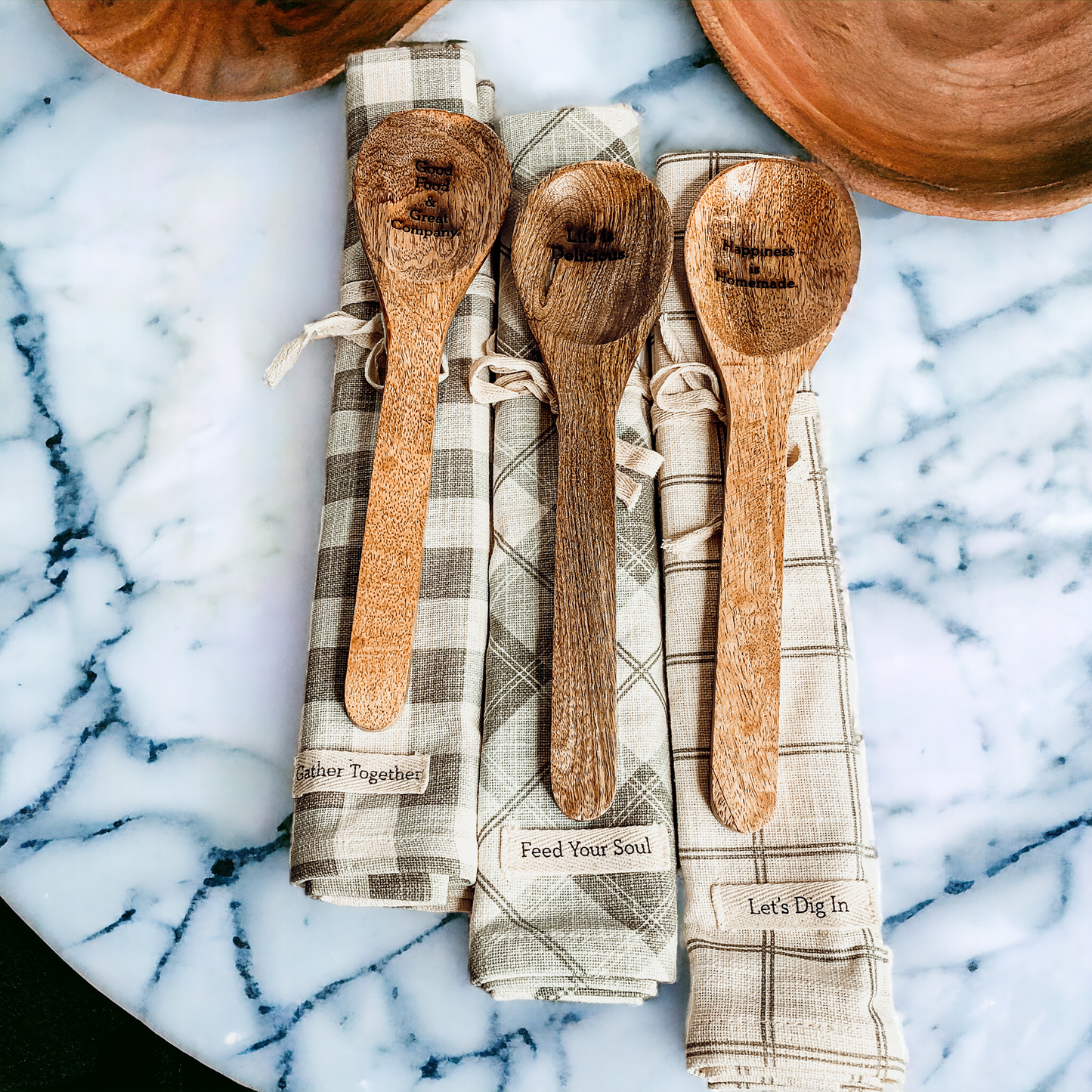 Happiness Is Homemade Wooden Spoon And Checkered Dish Towel Gift Set