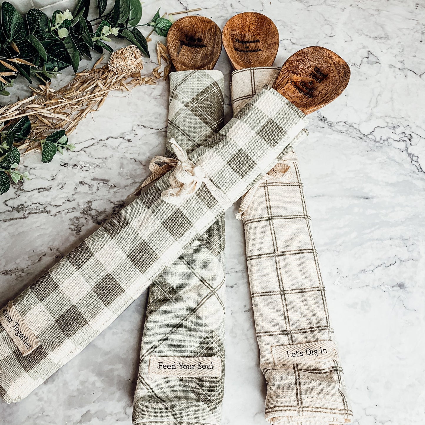 Happiness Is Homemade Wooden Spoon And Checkered Dish Towel Gift Set