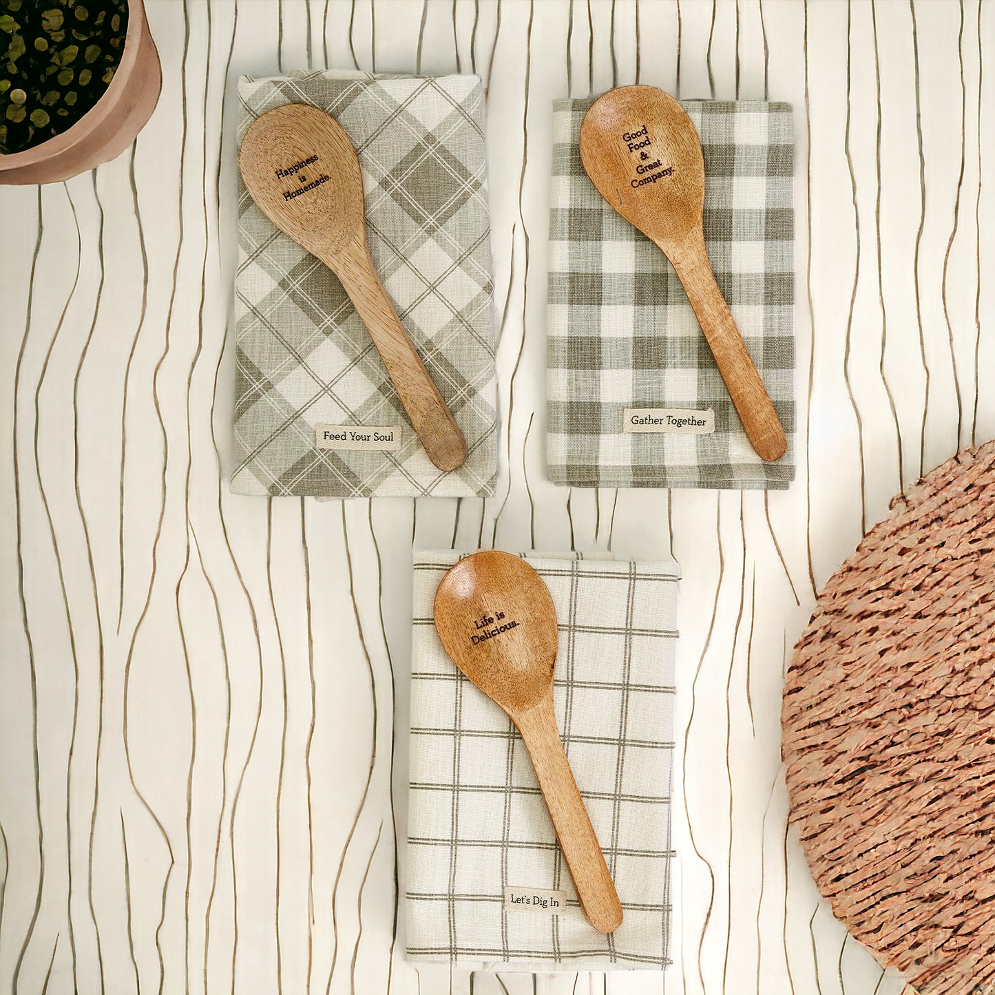 Happiness Is Homemade Wooden Spoon And Checkered Dish Towel Gift Set