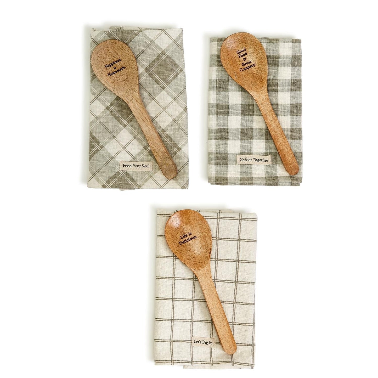 Happiness Is Homemade Wooden Spoon And Checkered Dish Towel Gift Set