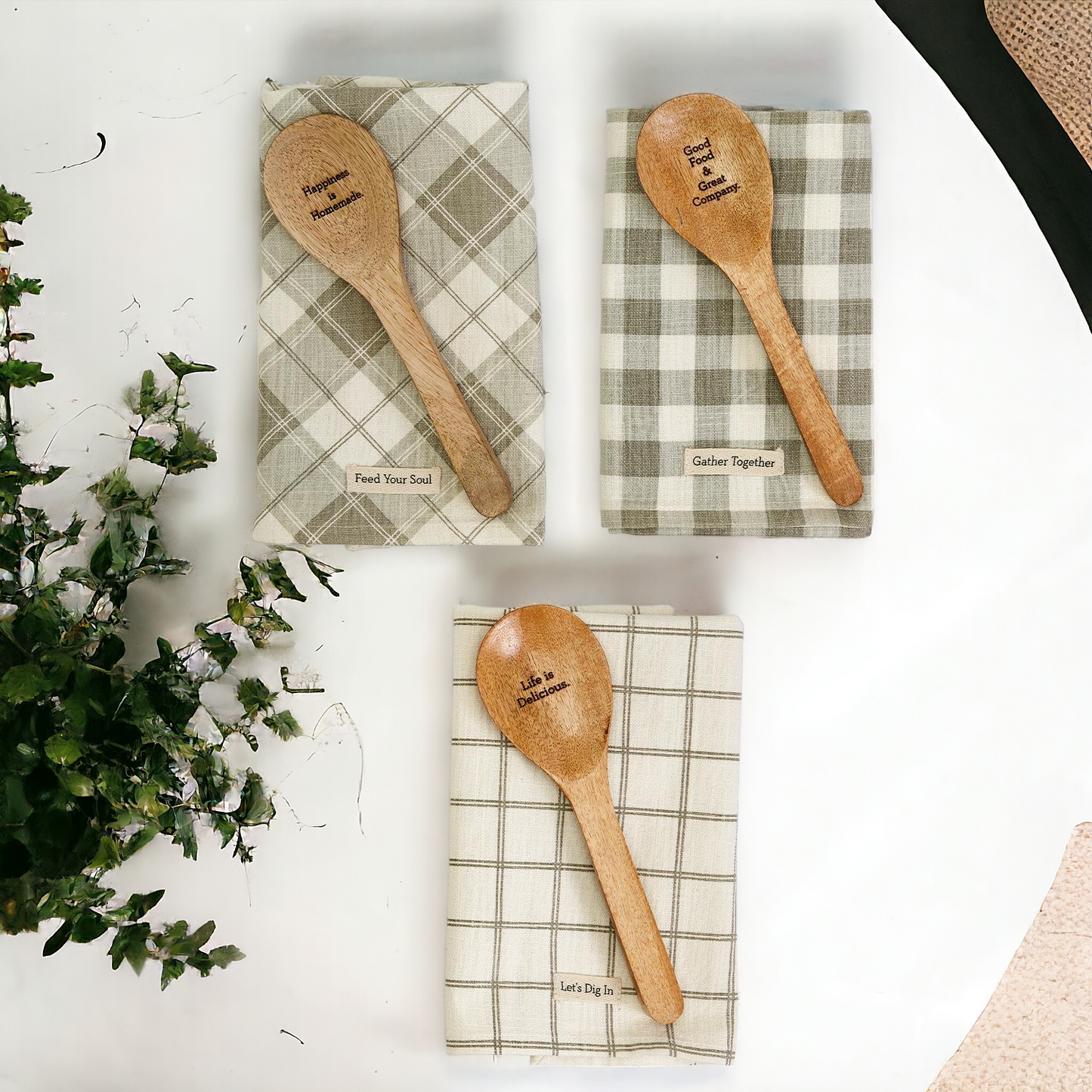 Happiness Is Homemade Wooden Spoon And Checkered Dish Towel Gift Set