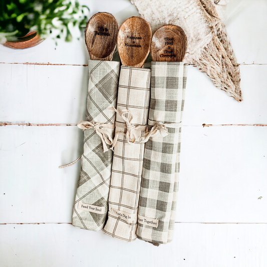 Happiness Is Homemade Wooden Spoon And Checkered Dish Towel Gift Set