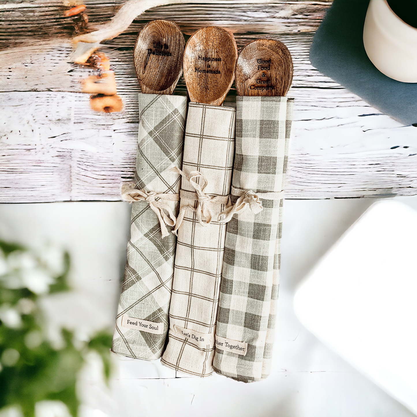 Happiness Is Homemade Wooden Spoon And Checkered Dish Towel Gift Set