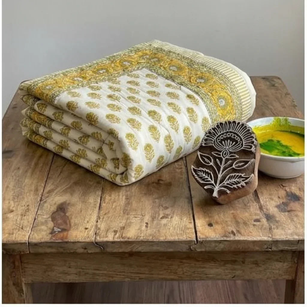 House of Avana Cream & Mustard Yellow Floral Jaipur Indian Hand Block Print Quilted Comforter