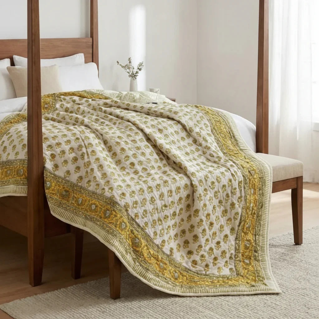 House of Avana Cream & Mustard Yellow Floral Jaipur Indian Hand Block Print Quilted Comforter