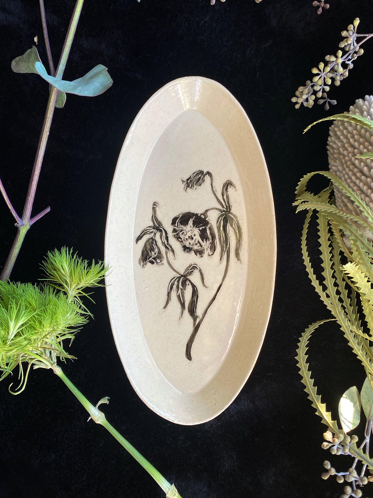 Black Sgraffito Hellebore Ceramic Offering Plates