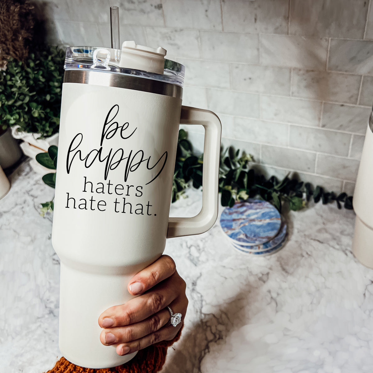 Insulated 40oz Travel Mug With Handle Lid Straw Be Happy Haters Hate