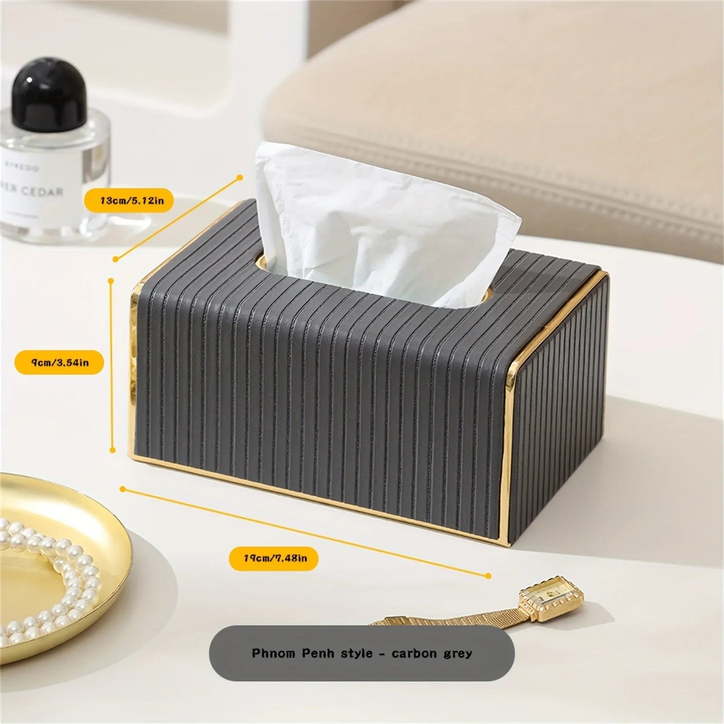 [Luxury Tissue Box Cover] Premium Faux Leather 1-Pack Striped Tissue Box Cover | Dual-Purpose for Dining Table & Home Decor, Golden Accents, Holds Standard Tissues, Modern Luxury Design for Living Room, Office, Hotel