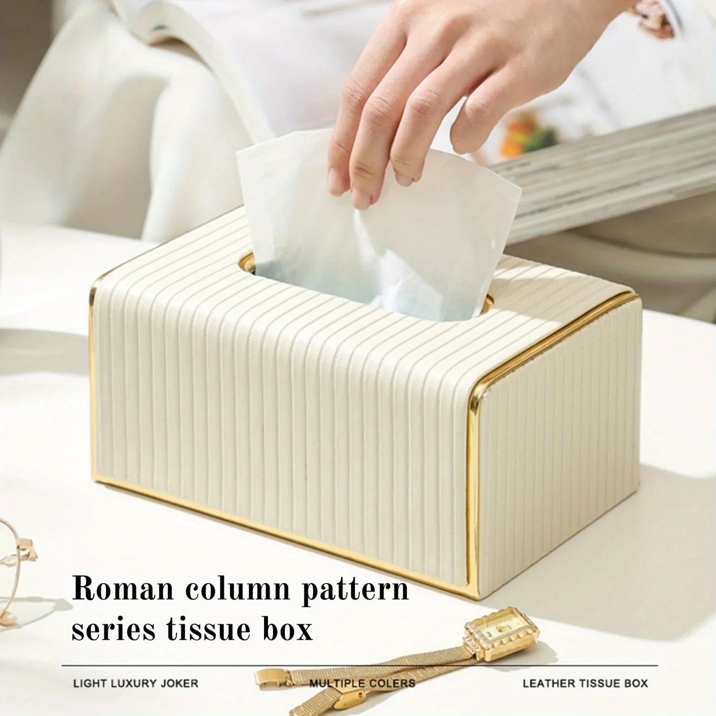 [Luxury Tissue Box Cover] Premium Faux Leather 1-Pack Striped Tissue Box Cover | Dual-Purpose for Dining Table & Home Decor, Golden Accents, Holds Standard Tissues, Modern Luxury Design for Living Room, Office, Hotel