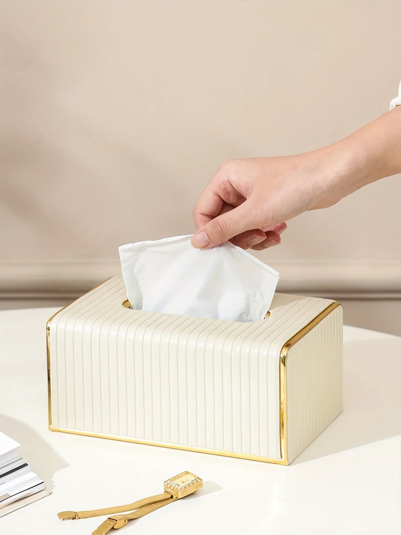 [Luxury Tissue Box Cover] Premium Faux Leather 1-Pack Striped Tissue Box Cover | Dual-Purpose for Dining Table & Home Decor, Golden Accents, Holds Standard Tissues, Modern Luxury Design for Living Room, Office, Hotel