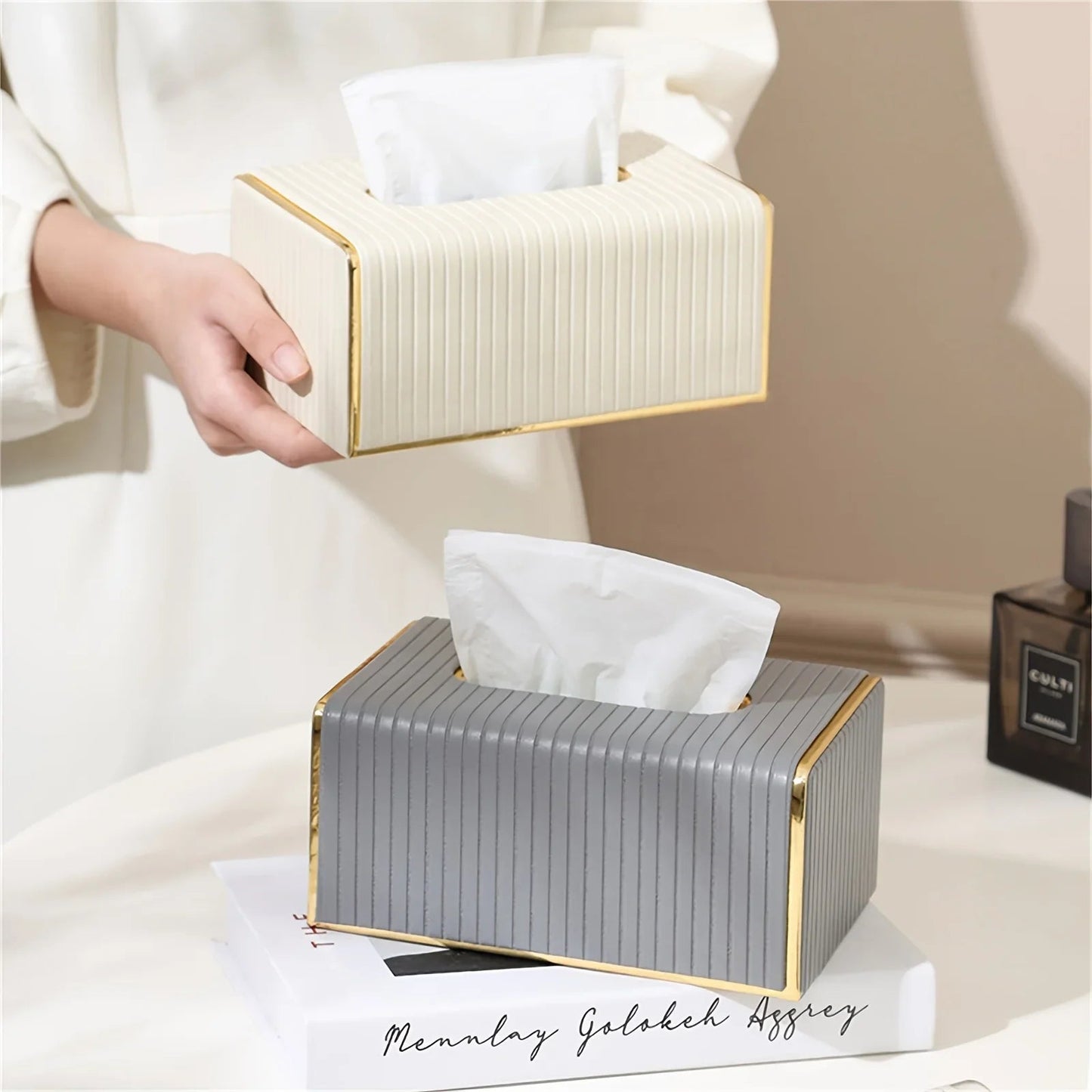[Luxury Tissue Box Cover] Premium Faux Leather 1-Pack Striped Tissue Box Cover | Dual-Purpose for Dining Table & Home Decor, Golden Accents, Holds Standard Tissues, Modern Luxury Design for Living Room, Office, Hotel