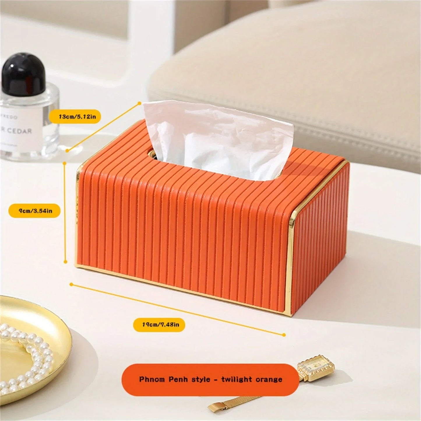 [Luxury Tissue Box Cover] Premium Faux Leather 1-Pack Striped Tissue Box Cover | Dual-Purpose for Dining Table & Home Decor, Golden Accents, Holds Standard Tissues, Modern Luxury Design for Living Room, Office, Hotel