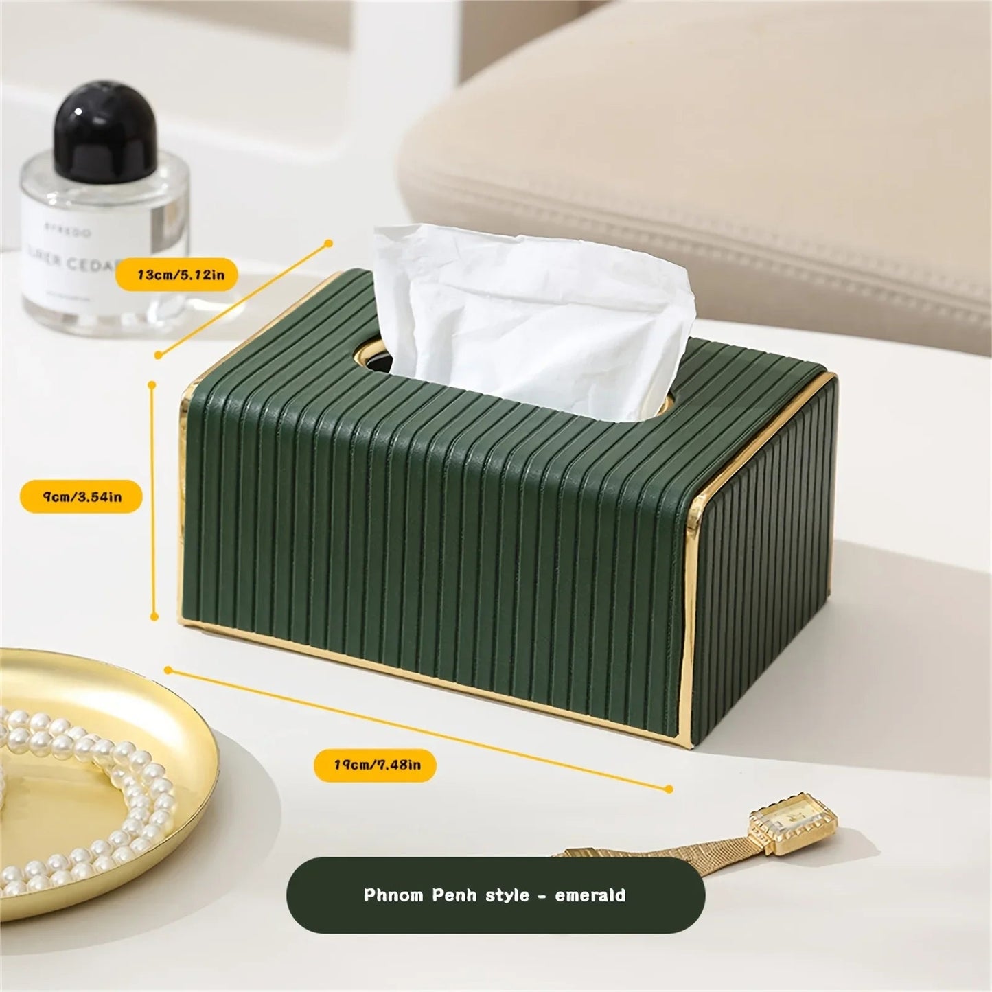[Luxury Tissue Box Cover] Premium Faux Leather 1-Pack Striped Tissue Box Cover | Dual-Purpose for Dining Table & Home Decor, Golden Accents, Holds Standard Tissues, Modern Luxury Design for Living Room, Office, Hotel