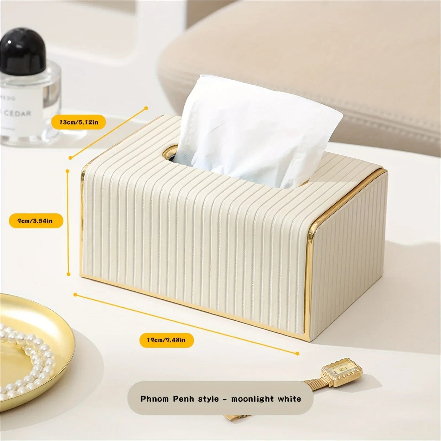 [Luxury Tissue Box Cover] Premium Faux Leather 1-Pack Striped Tissue Box Cover | Dual-Purpose for Dining Table & Home Decor, Golden Accents, Holds Standard Tissues, Modern Luxury Design for Living Room, Office, Hotel