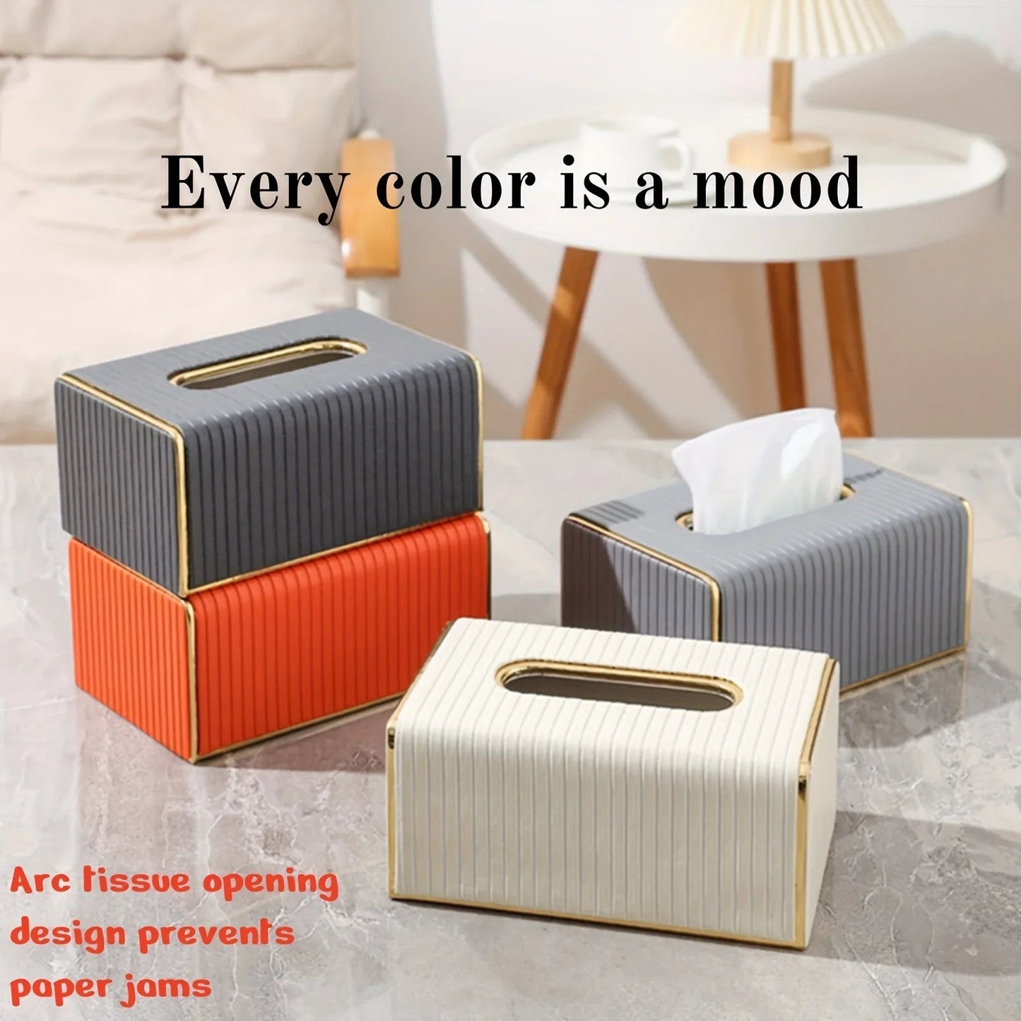 [Luxury Tissue Box Cover] Premium Faux Leather 1-Pack Striped Tissue Box Cover | Dual-Purpose for Dining Table & Home Decor, Golden Accents, Holds Standard Tissues, Modern Luxury Design for Living Room, Office, Hotel