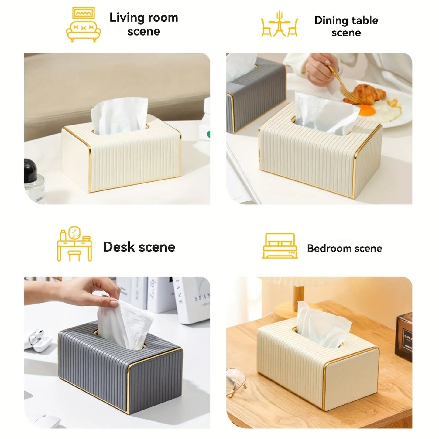 [Luxury Tissue Box Cover] Premium Faux Leather 1-Pack Striped Tissue Box Cover | Dual-Purpose for Dining Table & Home Decor, Golden Accents, Holds Standard Tissues, Modern Luxury Design for Living Room, Office, Hotel