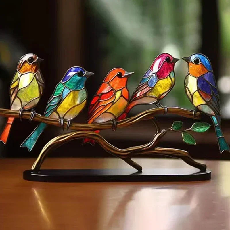 Multicolor Stained Acrylic Birds on Branch for Desktop Display