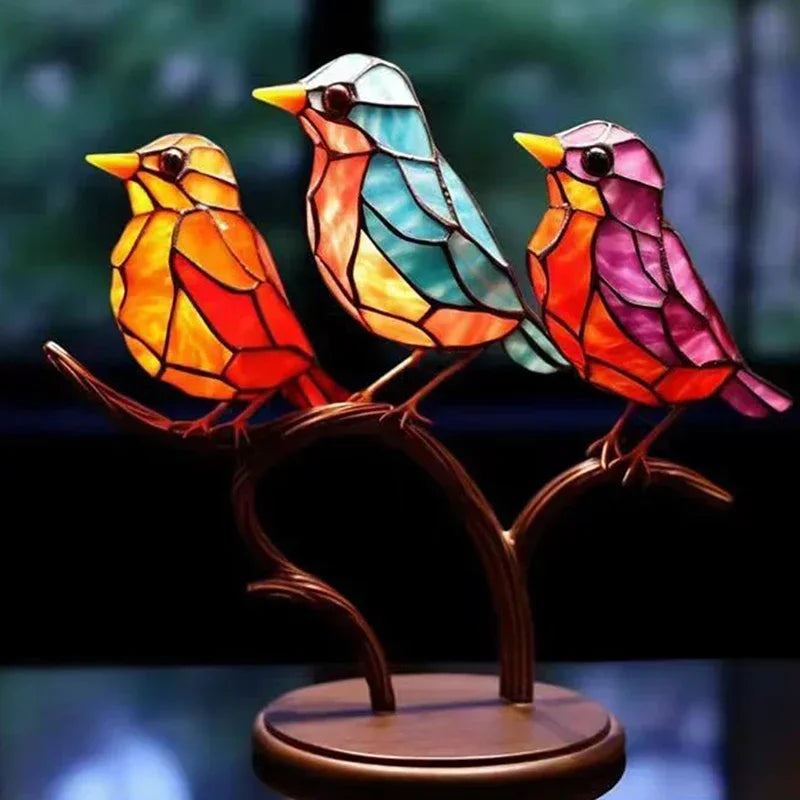 Multicolor Stained Acrylic Birds on Branch for Desktop Display
