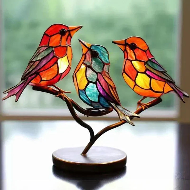 Multicolor Stained Acrylic Birds on Branch for Desktop Display