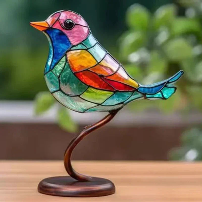 Multicolor Stained Acrylic Birds on Branch for Desktop Display