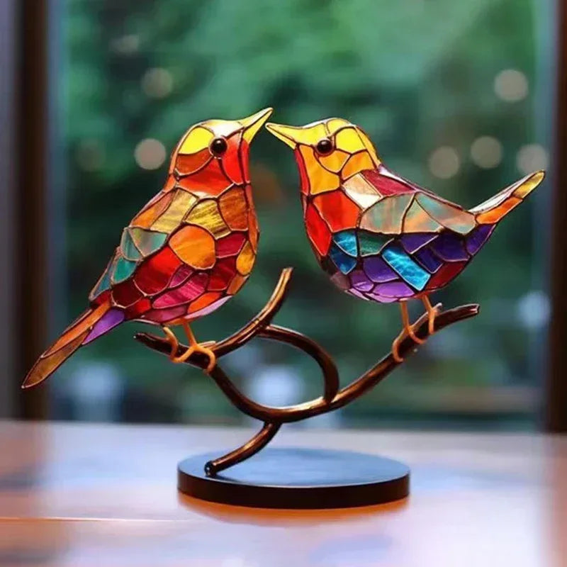 Multicolor Stained Acrylic Birds on Branch for Desktop Display