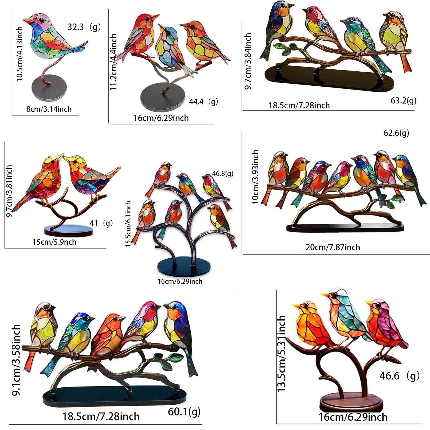 Multicolor Stained Acrylic Birds on Branch for Desktop Display