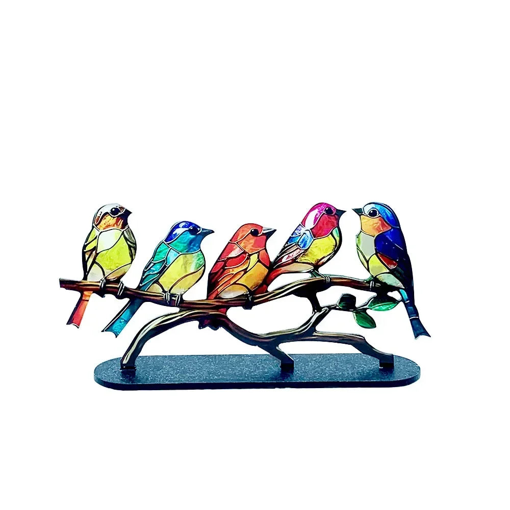 Multicolor Stained Acrylic Birds on Branch for Desktop Display