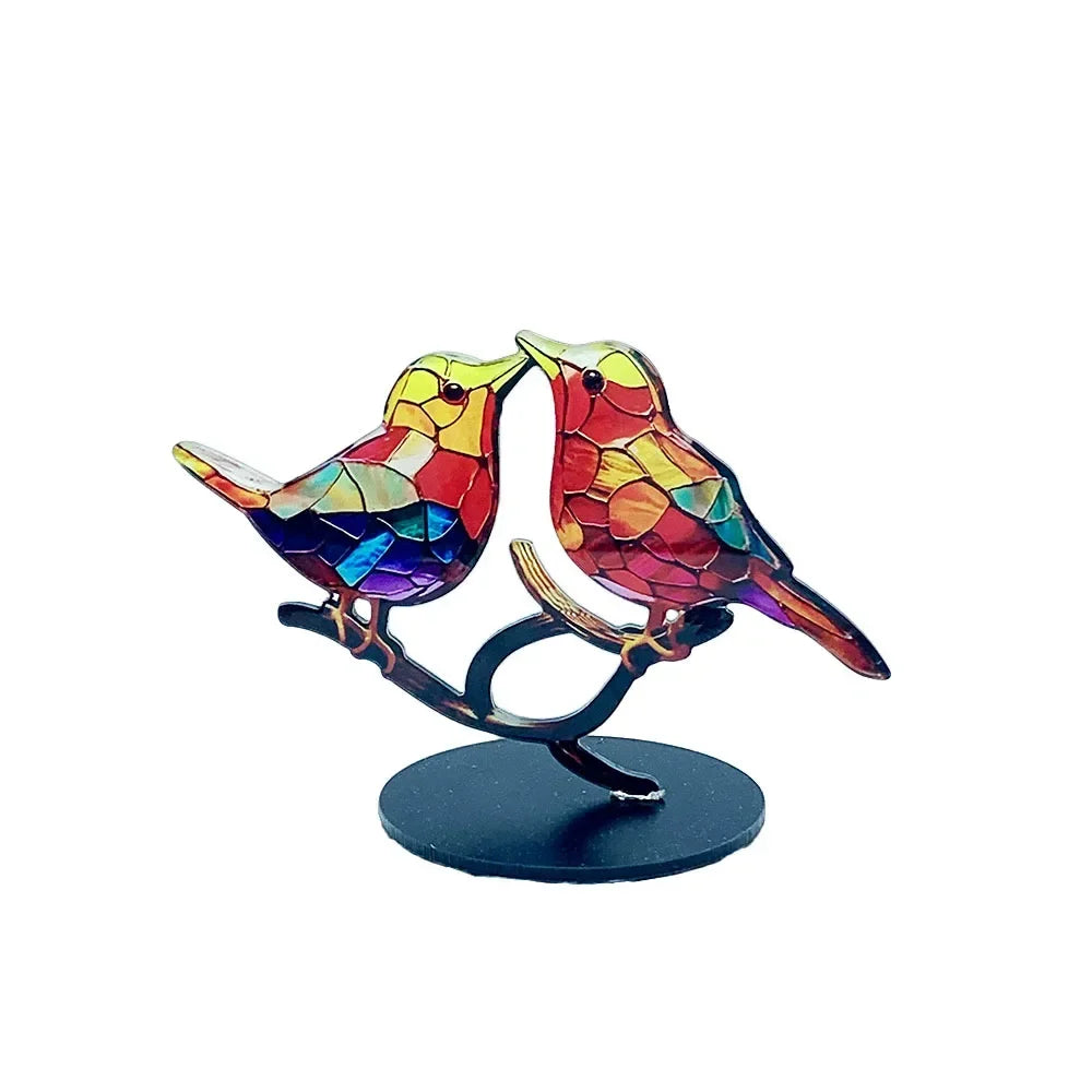 Multicolor Stained Acrylic Birds on Branch for Desktop Display