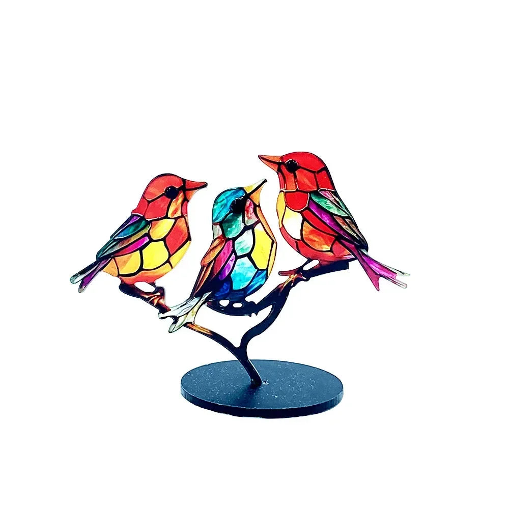 Multicolor Stained Acrylic Birds on Branch for Desktop Display