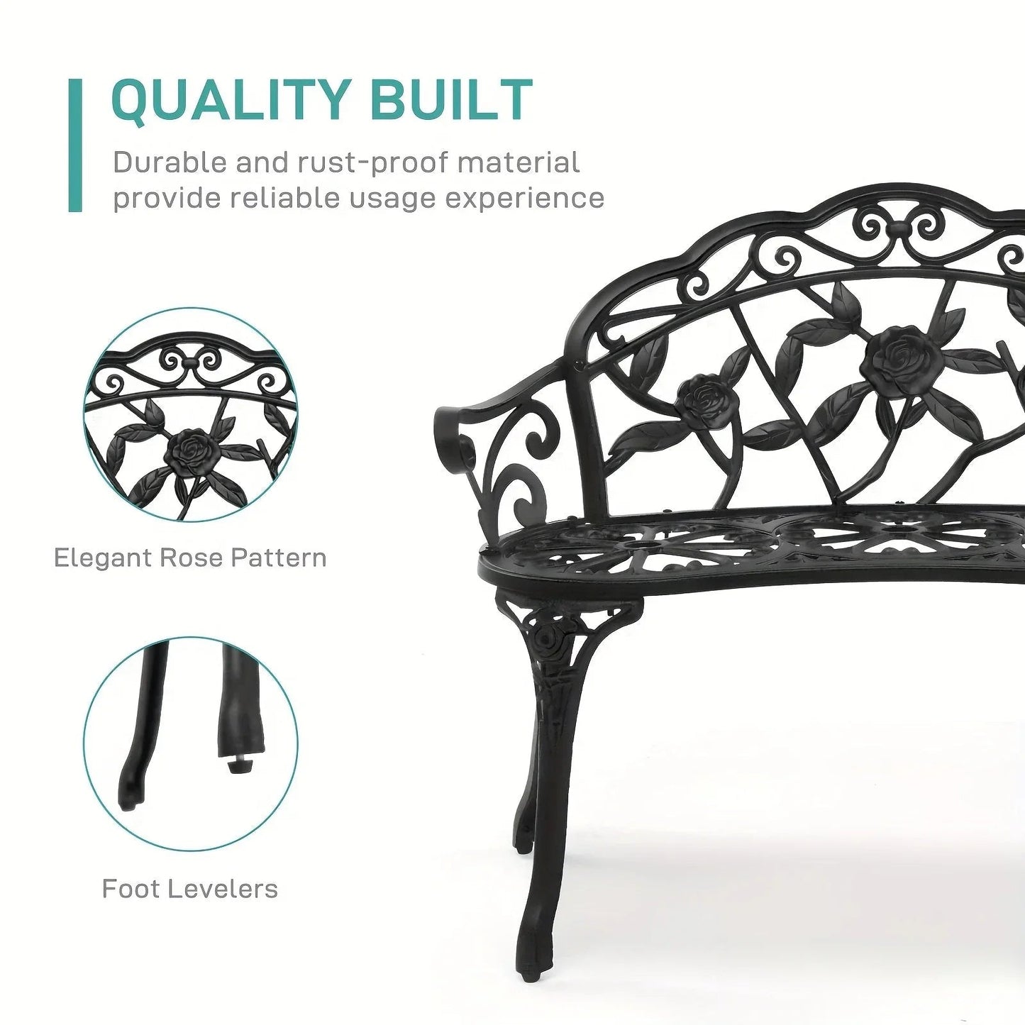 Floral Cast Aluminum Outdoor Garden Bench for 2