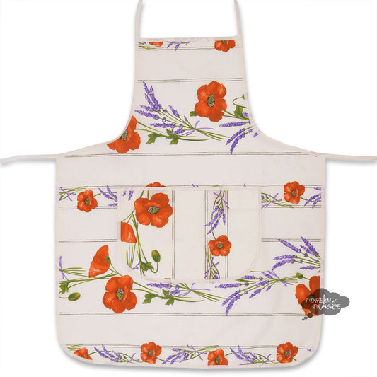 French kitchen apron - 100% Cotton - Poppies ivory | Tissus Toselli