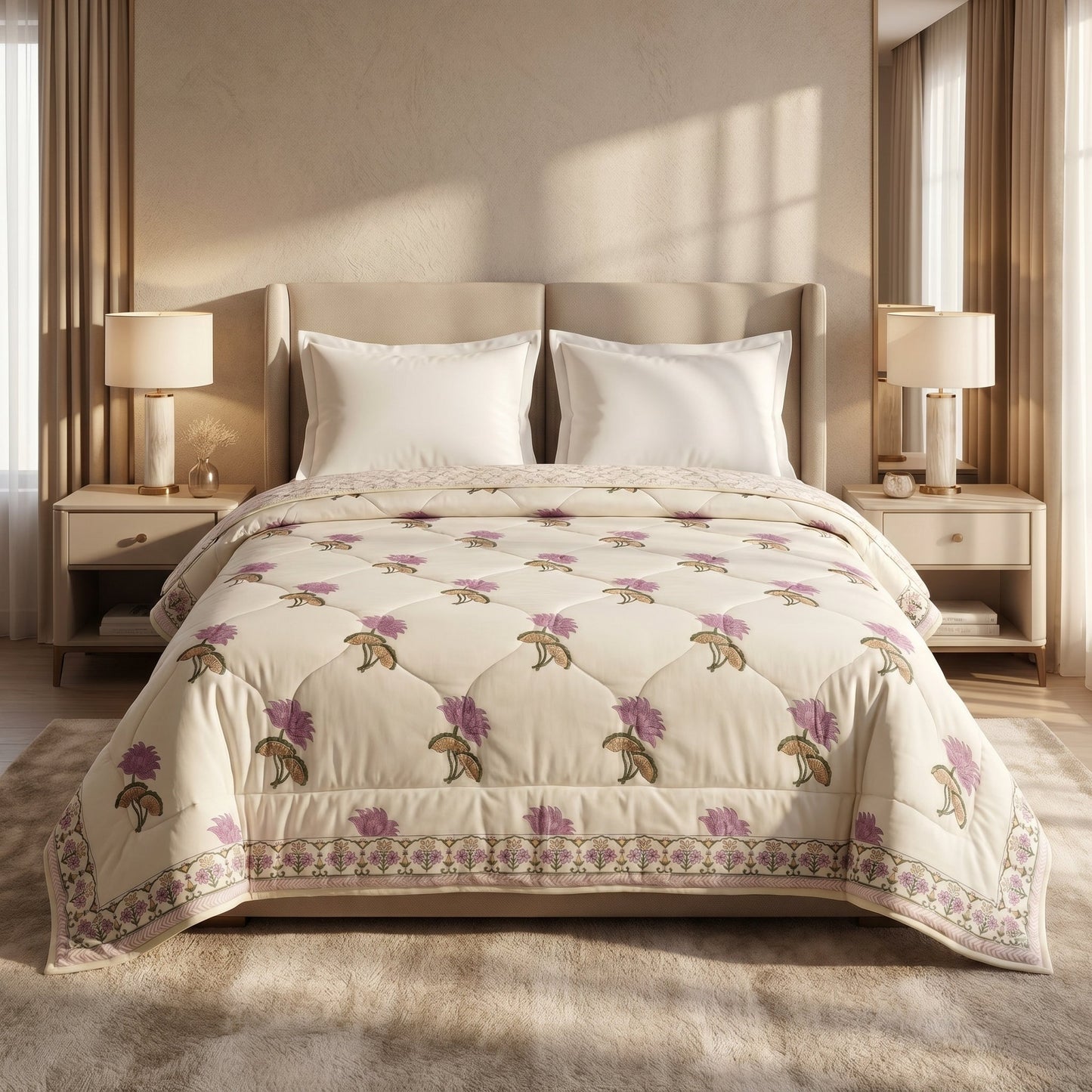 House of Avana Cream & Mauve Floral Jaipur Indian Hand Block Print Quilted Comforter