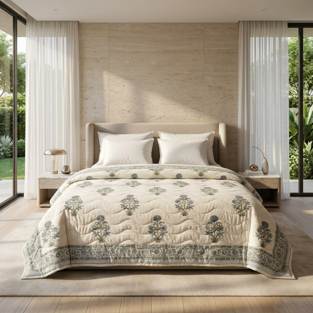 House of Avana Cream & Dusty Blue Floral Jaipur Indian Hand Block Print Quilted Comforter