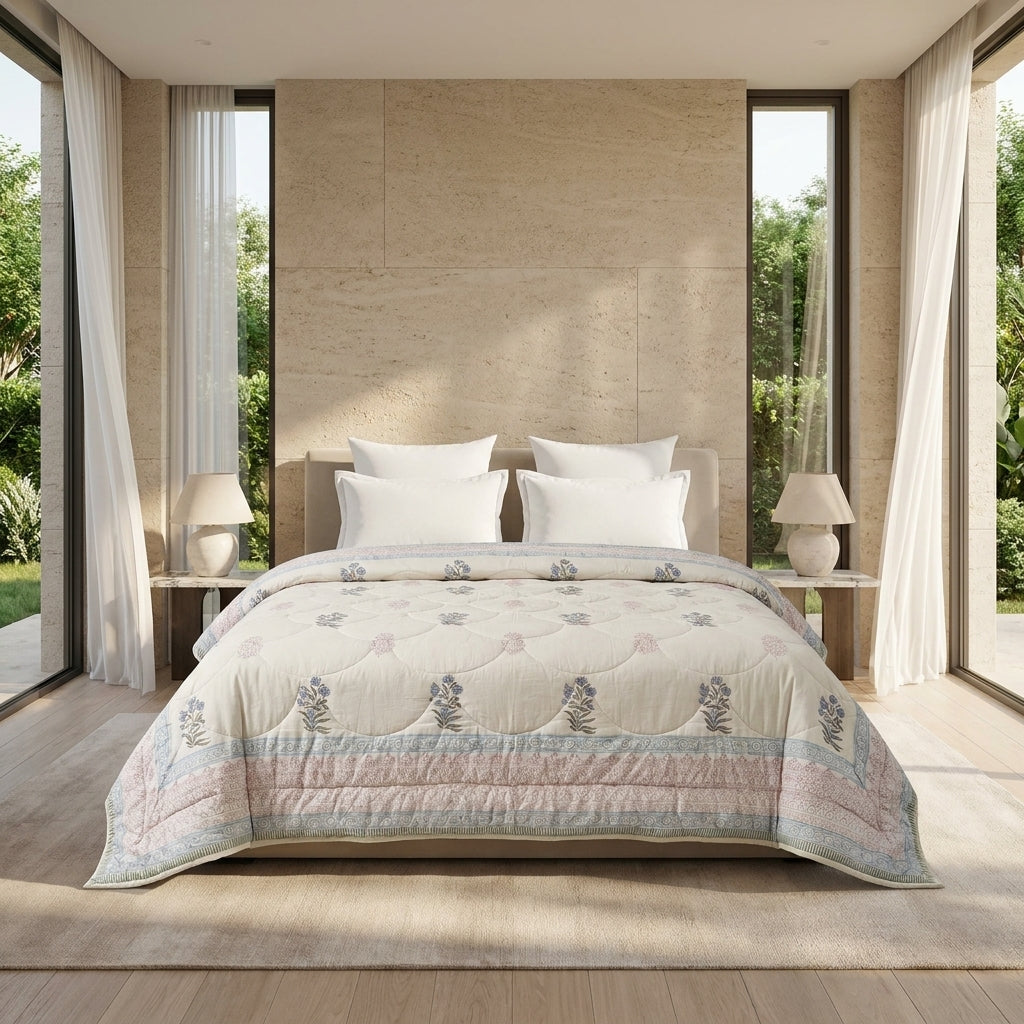 House of Avana Cream & Burgundy Slate Floral Jaipur Indian Hand Block Print Quilted Comforter