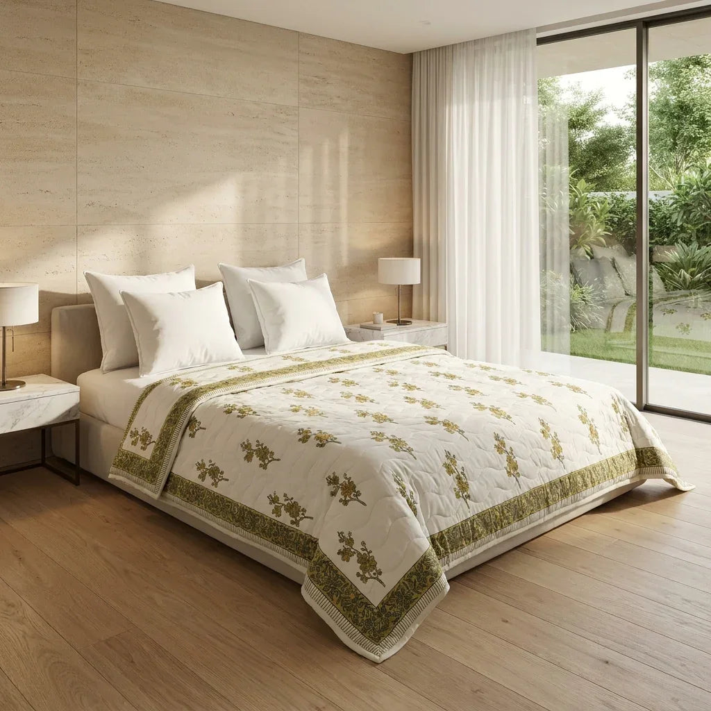 House of Avana Cream & Mustard Yellow Olive Floral Jaipur Indian Hand Block Print Quilted Comforter