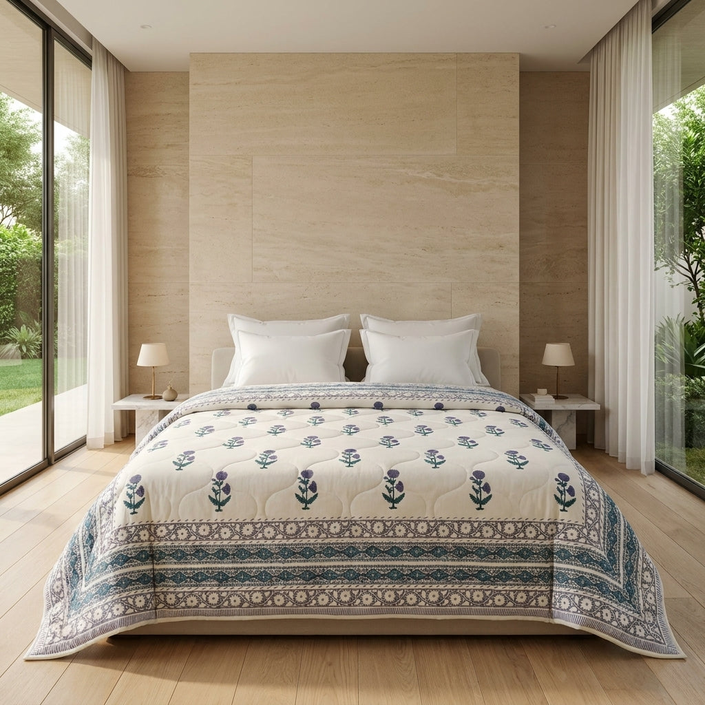 House of Avana Cream & Indigo Blue Floral Jaipur Indian Hand Block Print Quilted Comforter
