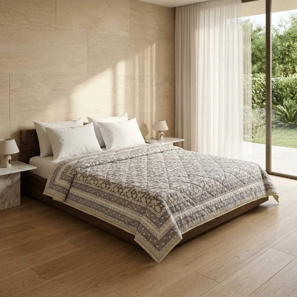 House of Avana Cream & Taupe Floral Jaipur Indian Hand Block Print Quilted Comforter