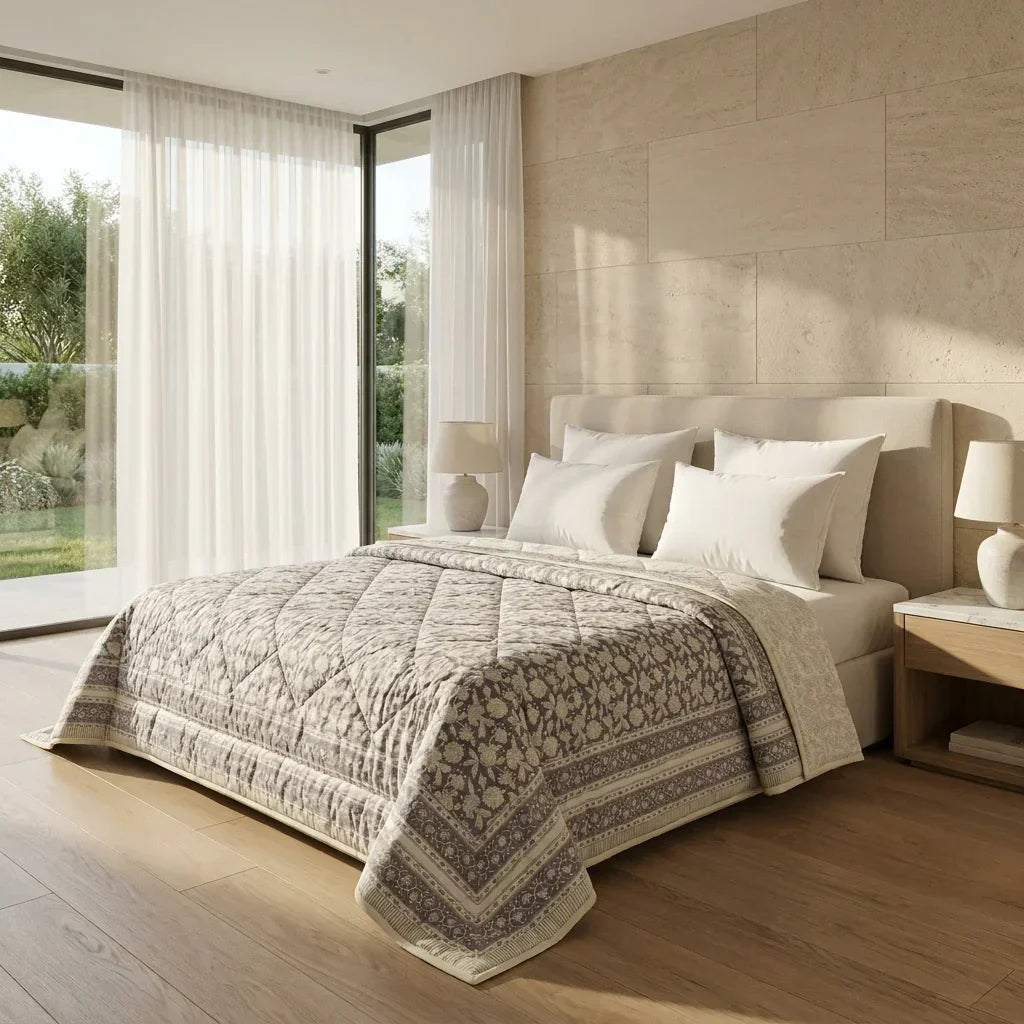 House of Avana Cream & Taupe Floral Jaipur Indian Hand Block Print Quilted Comforter