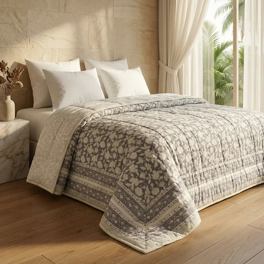 House of Avana Cream & Taupe Floral Jaipur Indian Hand Block Print Quilted Comforter