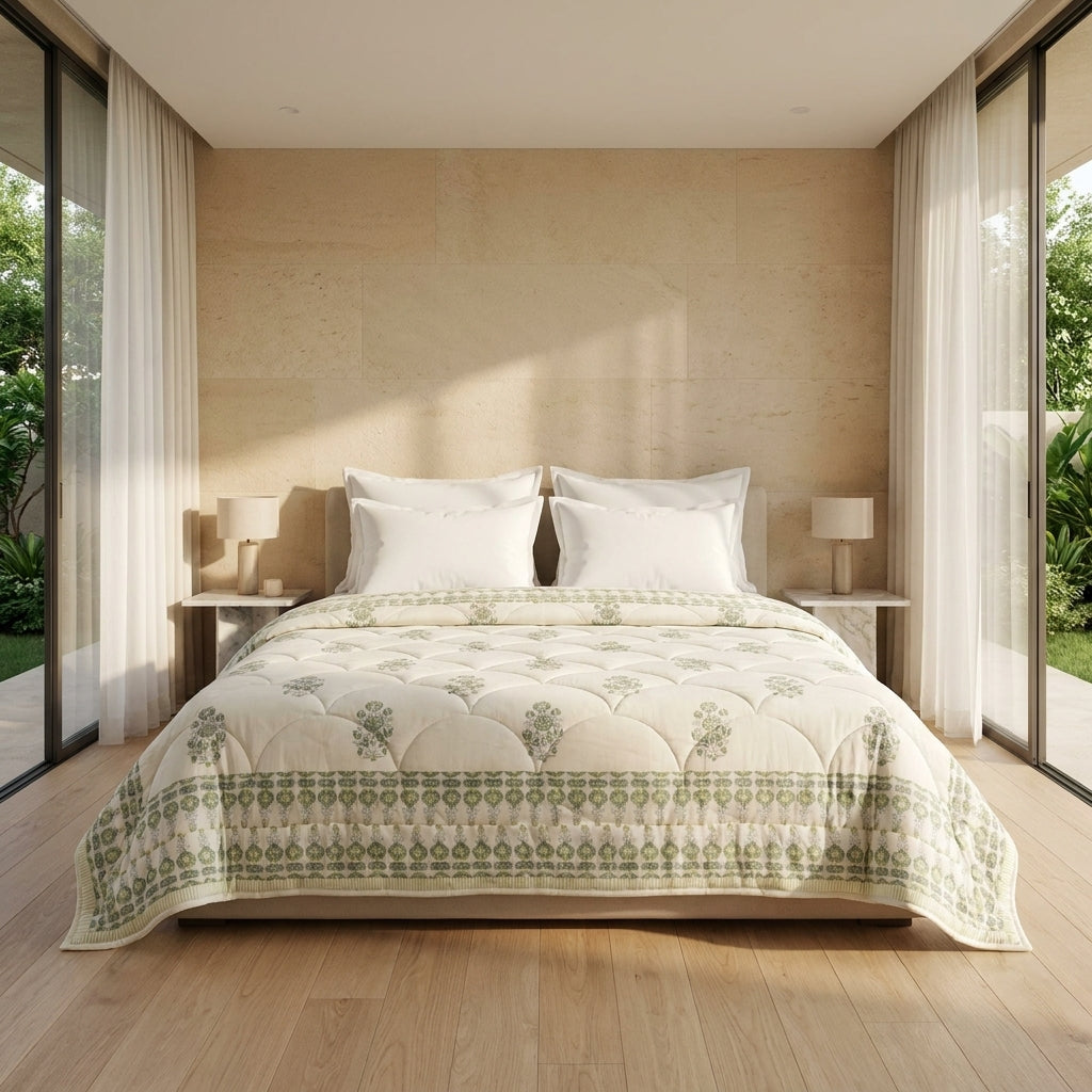House of Avana Sage Green & Cream Mauve Floral Jaipur Indian Hand Block Print Quilted Comforter