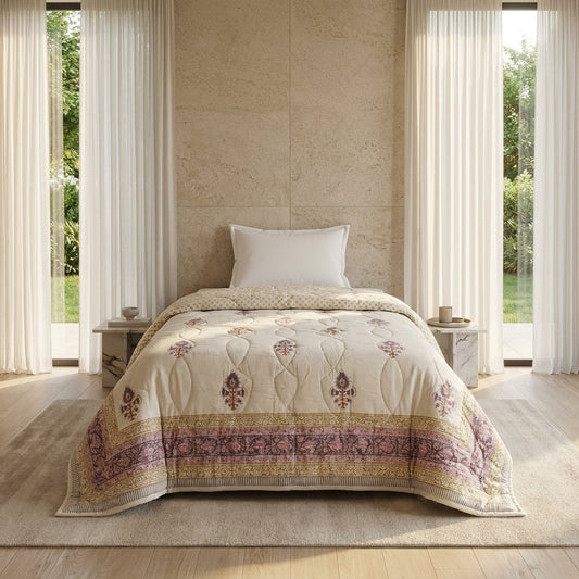 Sanganer Print Single Bed Quilt with Purple Floral Motifs