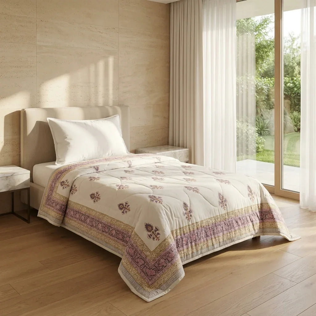 Sanganer Print Single Bed Quilt with Purple Floral Motifs