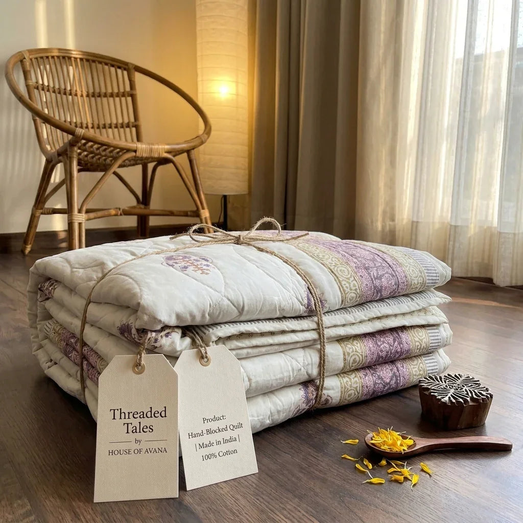 Sanganer Print Single Bed Quilt with Purple Floral Motifs
