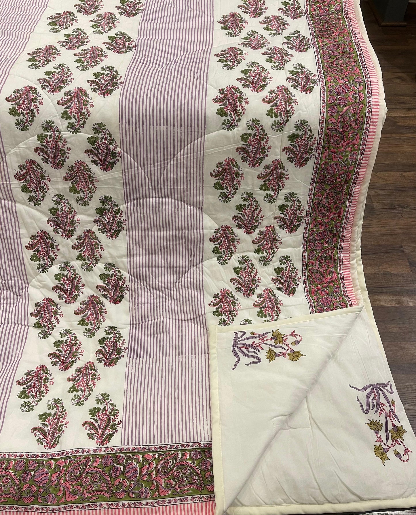 House of Avana Cream & Deep Pink Floral Jaipur Indian Hand Block Print Quilted Comforter